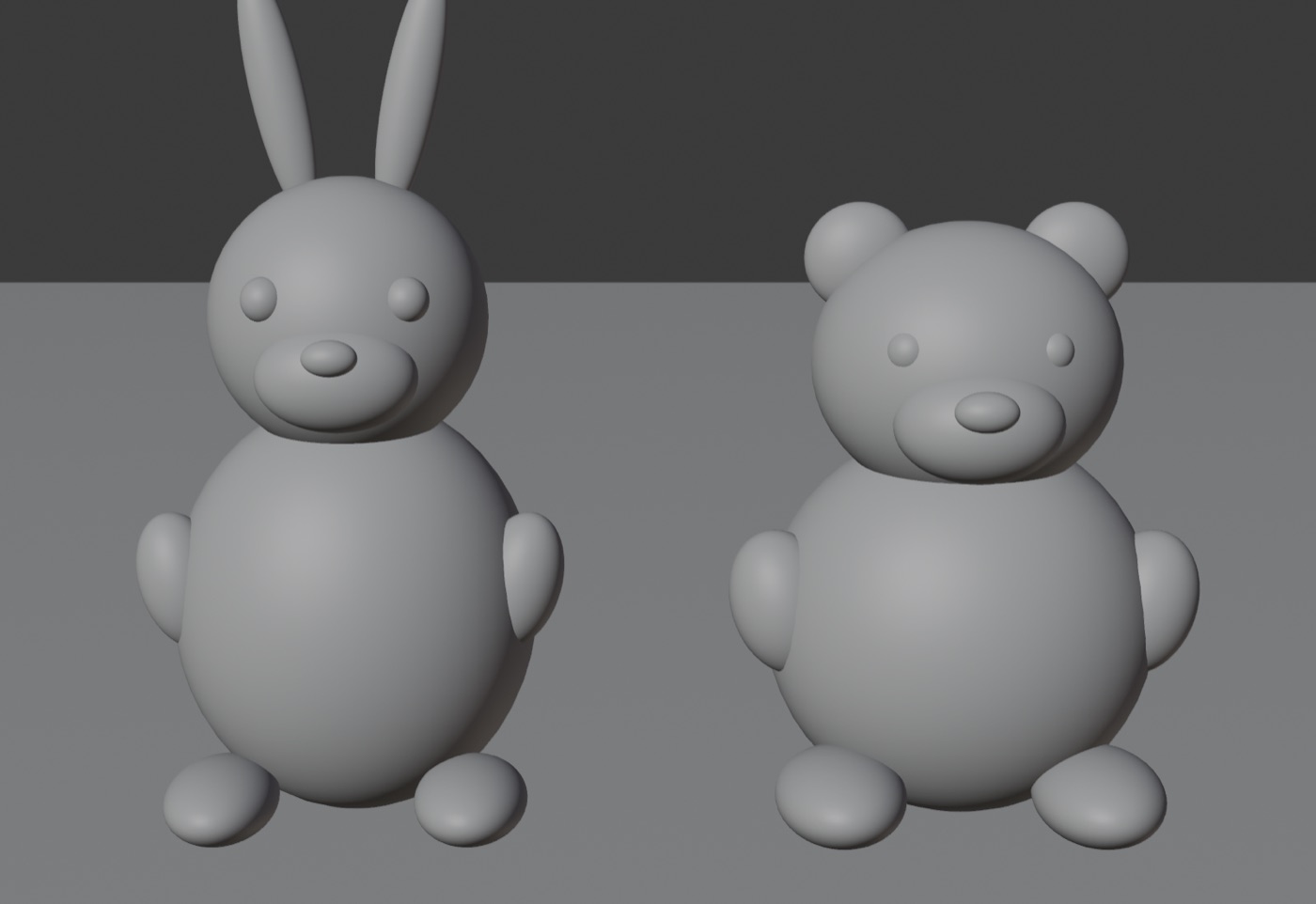 うさぎとくまに耳・手足・顔のパーツを足した状態のBlenderのビューポート
