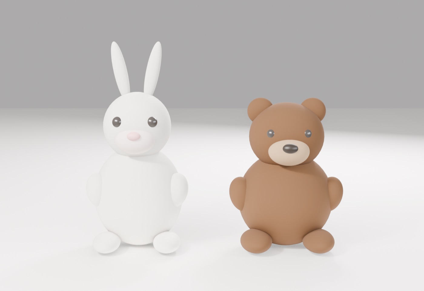 完成したデフォルメのうさぎとくまのレンダリング画像
