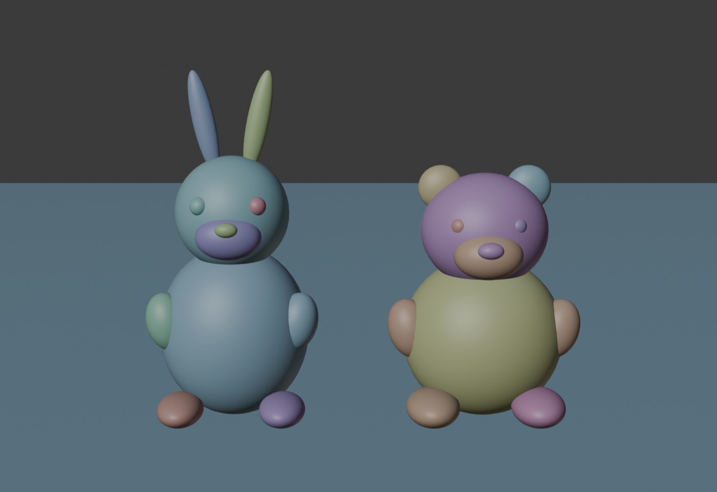 25個のパーツをランダムな色で塗り分けたBlenderの表示。部位ごとに別オブジェクトになっているのが分かる