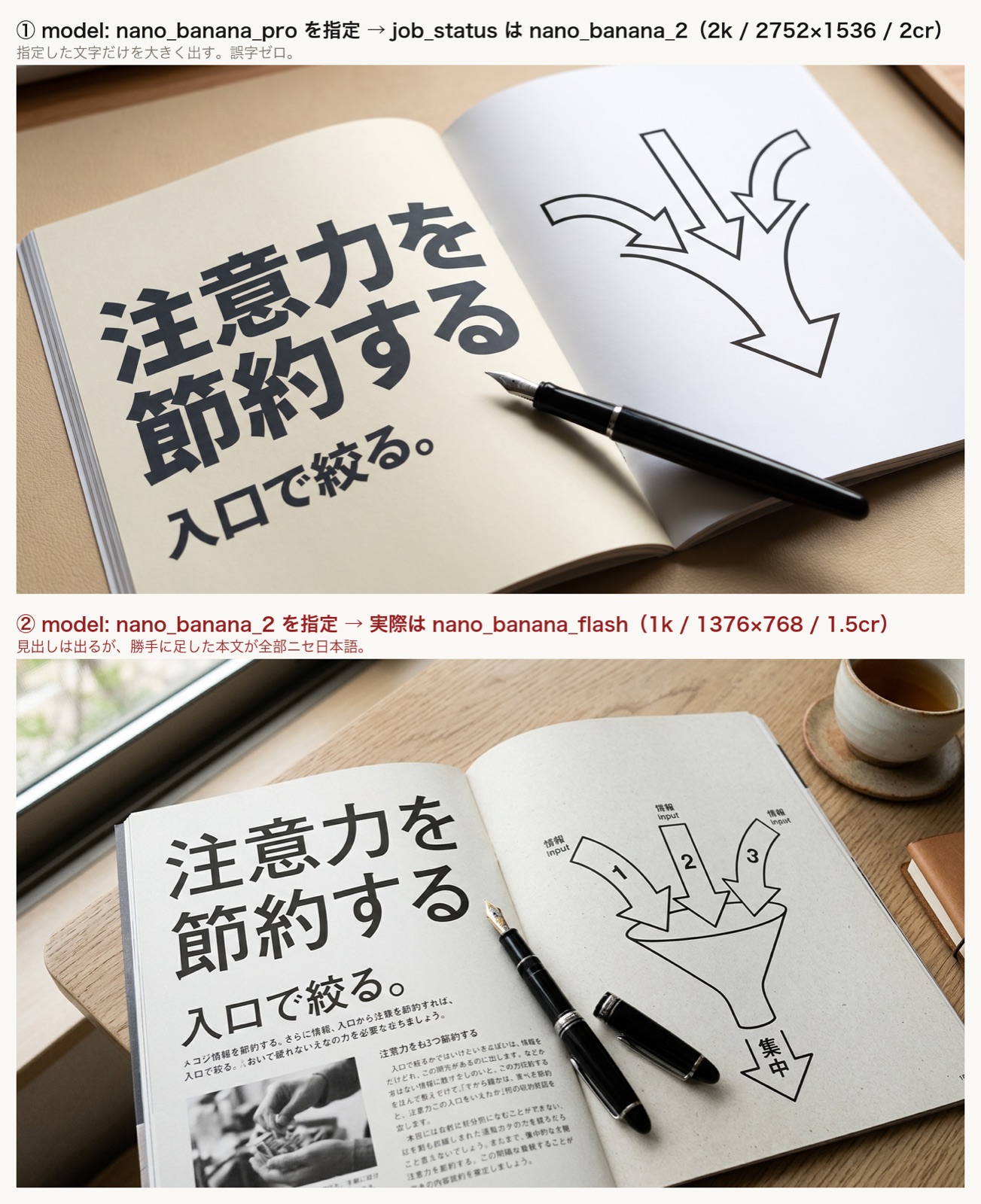 上下2段の比較図。上段はnano_banana_proを指定して2kで生成された誌面の見開きで、日本語の見出しと小見出しが誤字なく描かれている。下段はnano_banana_2を指定してnano_banana_flashが1kで生成した誌面で、見出しは正しいが小さい本文が読めない文字列になっている