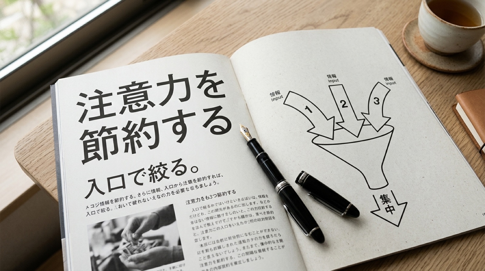 nano_banana_2を指定してnano_banana_flashが1kで生成した誌面の見開き。大見出しの「注意力を節約する」「入口で絞る。」は正しいが、その下に自動で足された小さい本文が、日本語に似た読めない文字列になっている。右ページの図には「情報」「集中」など読めるラベルと、読めない文字が混ざっている