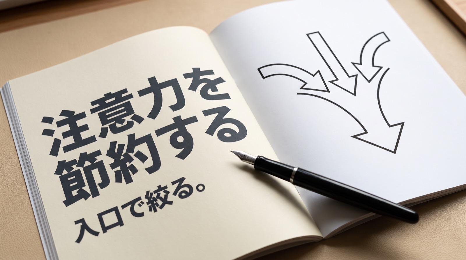 nano_banana_proを指定して2kで生成された誌面の見開き。左ページに「注意力を節約する」という大見出しと「入口で絞る。」という小見出しが誤字なく描かれ、右ページには手描き風の矢印の図だけが置かれている