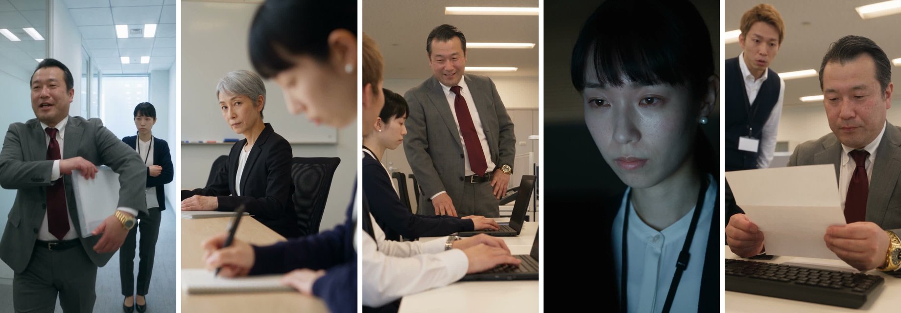 『派遣監査人』第1話(66秒)の5本のクリップから1コマずつ。左から廊下・会議室・オフィス・夜のオフィス・翌朝のオフィス