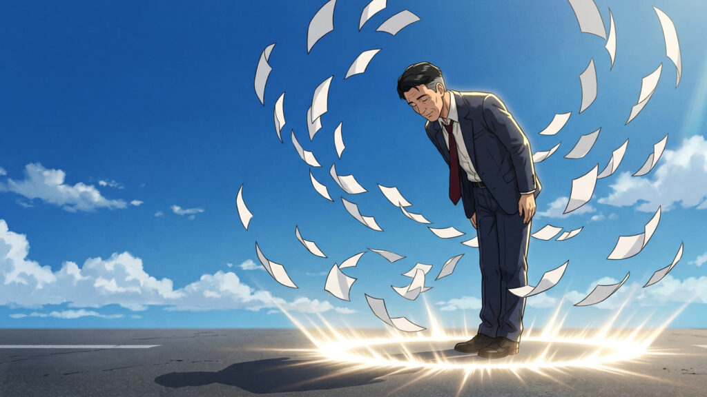 AIアニメ『社会人レベル』のキービジュアル。書類が舞う中で頭を下げる会社員