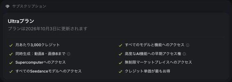 アカウント管理 → サブスクリプションの上部。プラン名の下に「プランは2026年10月3日に更新されます」と更新日が出る。下にはプランに含まれるもの(月あたり3,000クレジットなど)が並ぶ